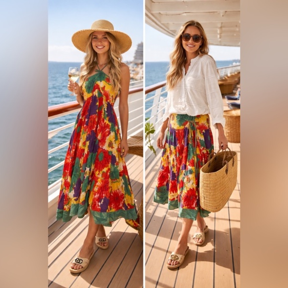 NWT Floral Halter Tiered dress or midi skirt  - Multicolor size M
